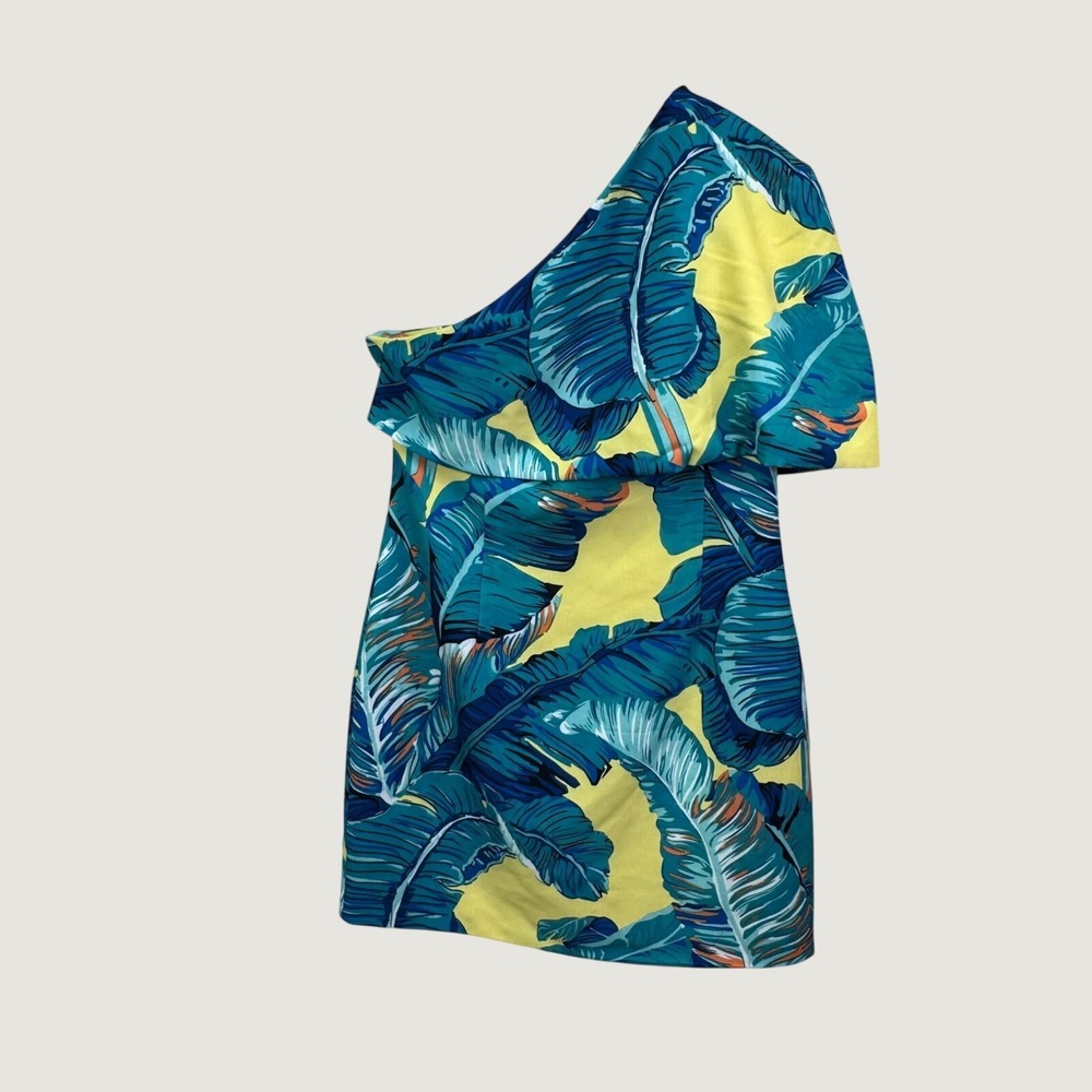 Lavish Alice One Shoulder Mini Dress 10 Yellow Blue Tropical Palm Leaf Party